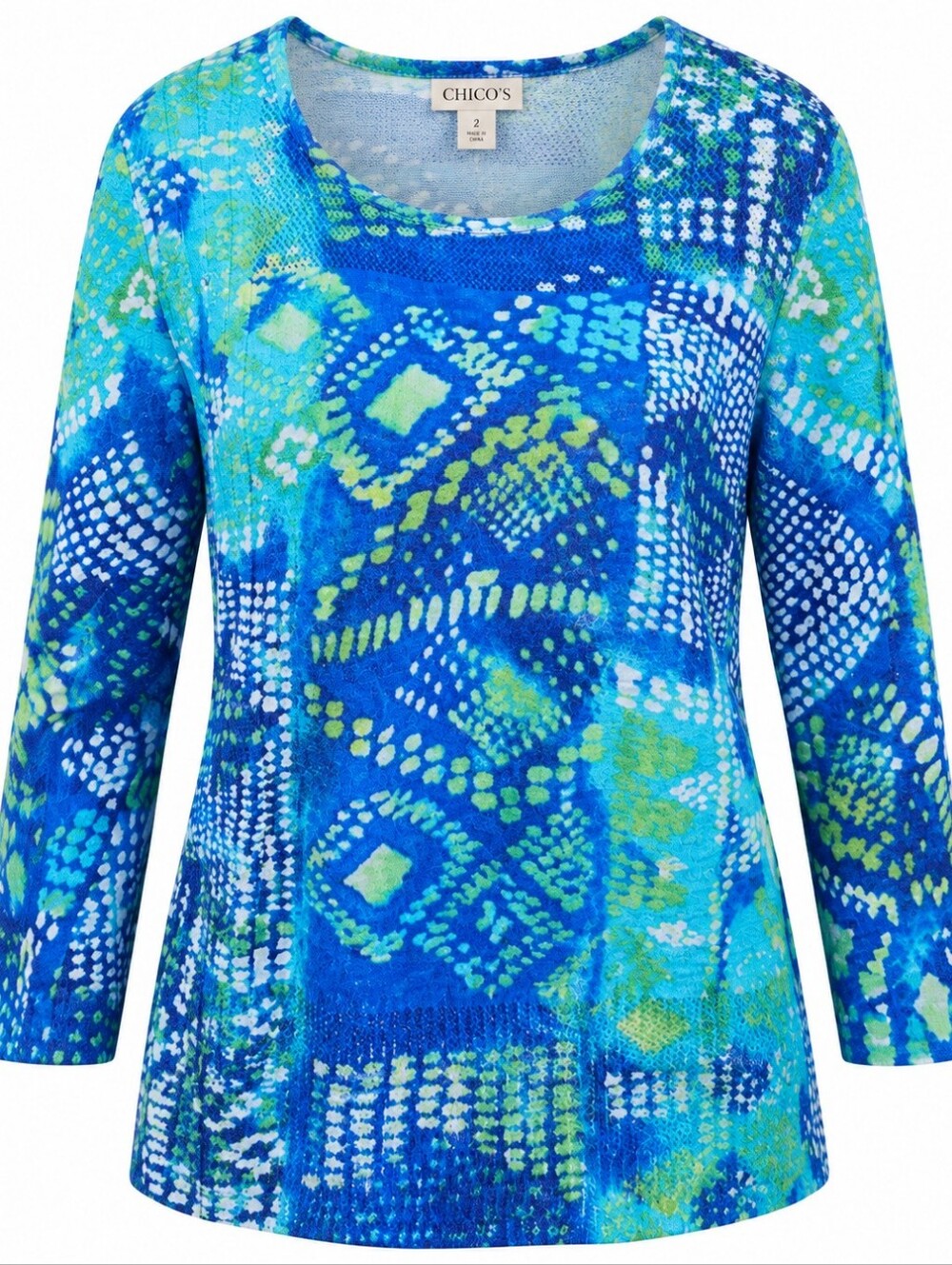 CHICO'S | Blue Green Art To Wear Maximalist Beachy Scoop Neck Sweater | L